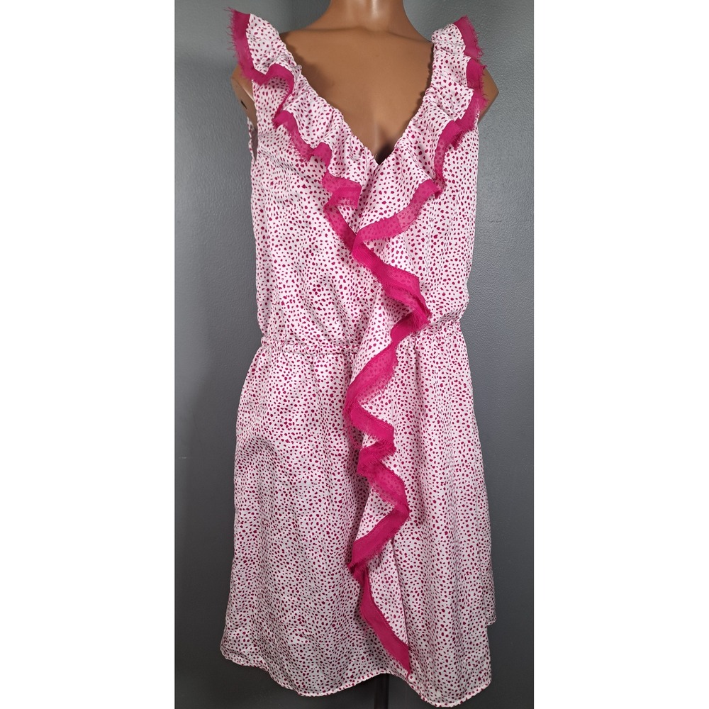 Ann Taylor LOFT Y2K Pink White Polka Dot Ruffle V-Neck Sleeveless Dress Large L